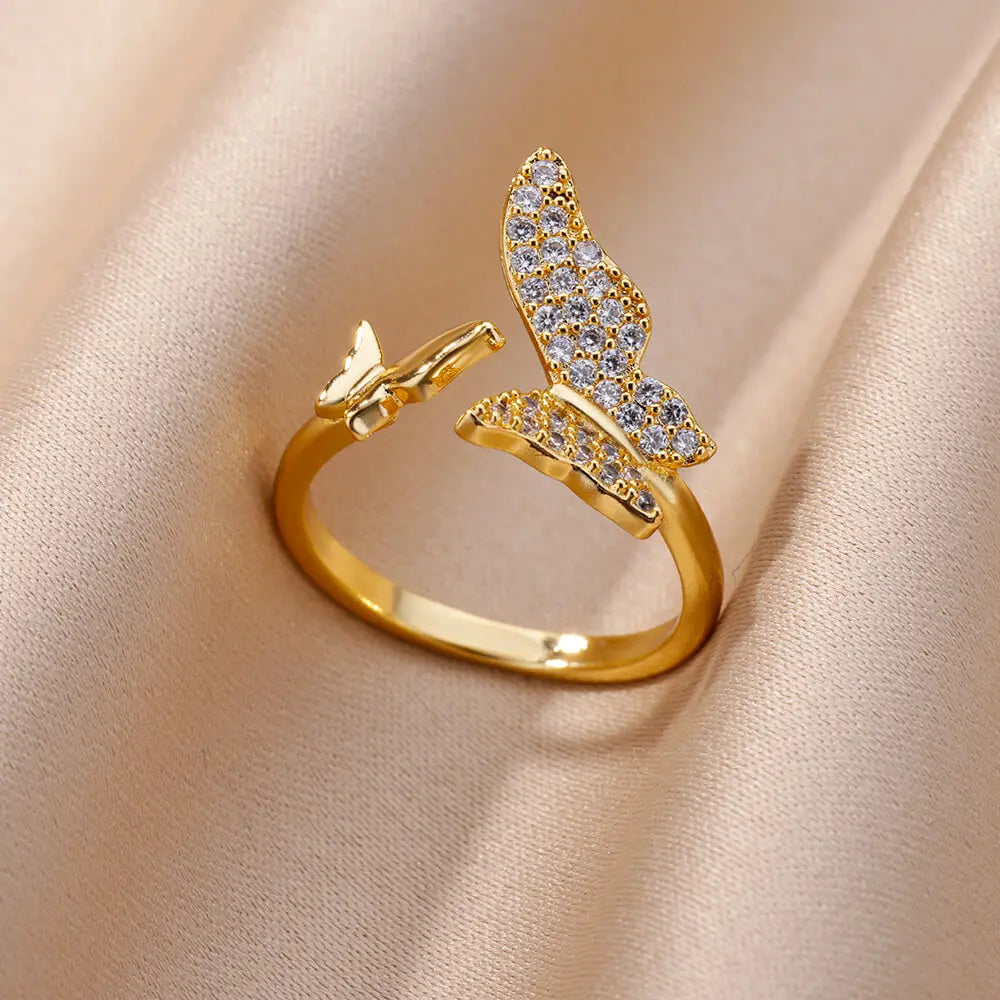 Fashion Luxury Zircon Butterfly Rings for Women Stainless Steel Open Finger Ring Trendy Wedding Party Aesthetic Jewelry Gift