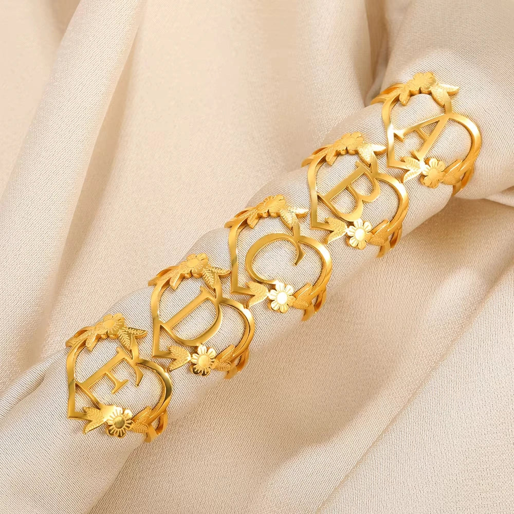 Stainless Steel Initials Letter Heart Rings for Women Girls Gold Color Flower Alphabet Ring Fashion Valentine's Day Jewelry Gift