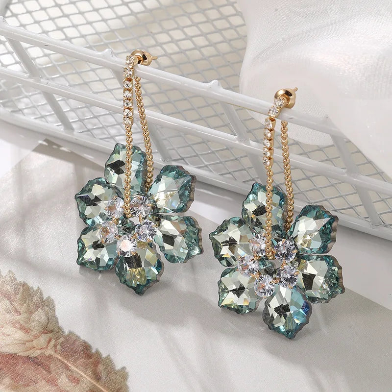 2025 New Colorful Purple Crystal Flower Dangle Drop Earrings for Women Trend Korea Fashion Luxury Wedding Party Banquet Jewelry