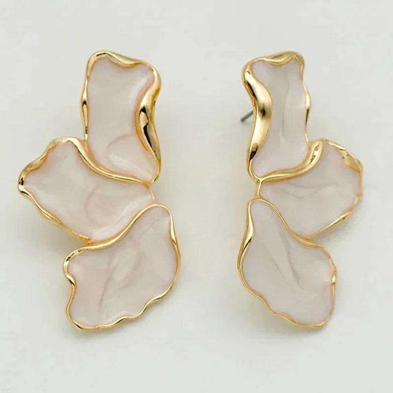 Metal Flower Cream Epoxy Earring Stud Women Fashion Gold Color Plating Irregular Post Earrings Heavy Design Statement Earrings