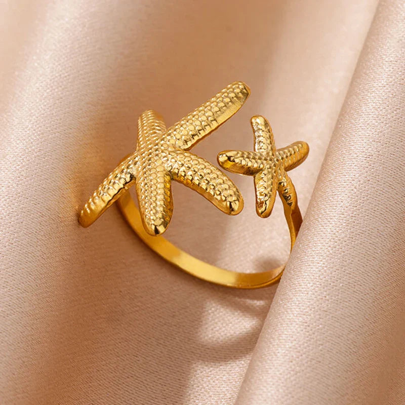 Stainless Steel Flower Rings for Women Gold Color Shell Starfish Multi Layer Hollow Out Ring Fashion Charm Jewelry Wedding Gifts