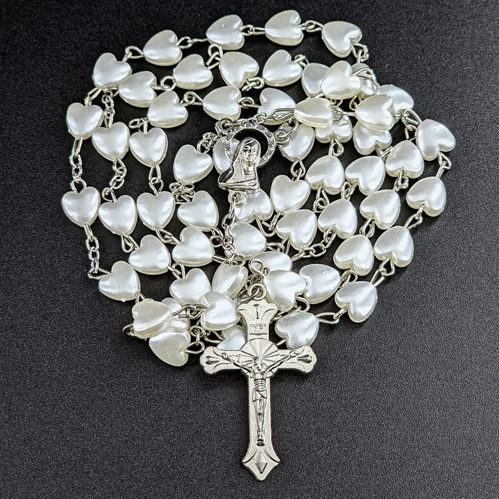 White Heart Rosary Necklace For Women Virgin Mary Cross INRI Pendant Long Chain Men Religion Prayer Party Jewelry Accessories