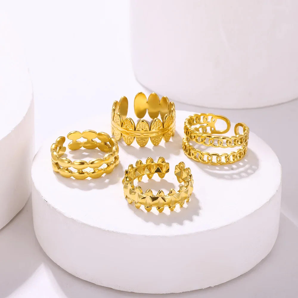 Stainless Steel Double Layer Rings for Women Vintage Hollow Out Geometric Finger Ring Fashion Jewelry Wedding Birthday Gift
