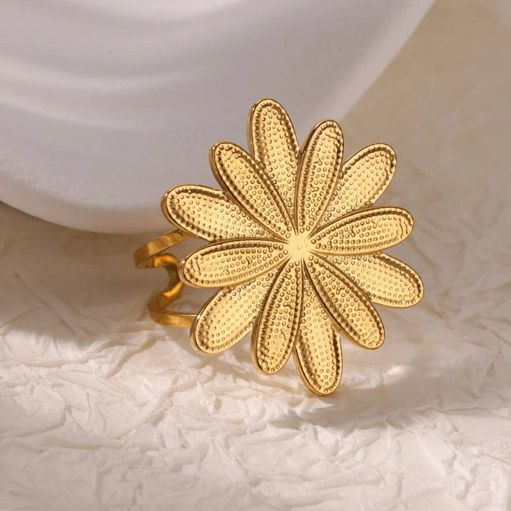 Stainless Steel Flower Big Open Rings For Women Gold Color Imitation Pearl Hollow Out Ring Trendy Aesthetic Jewerly Gifts