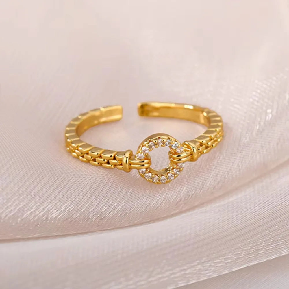 Zircon Chain Cross Rings For Women Vintage Gold Color Stainless Steel Geometric Open Ring Fashion Wedding Aesthetic Jewelry Gift