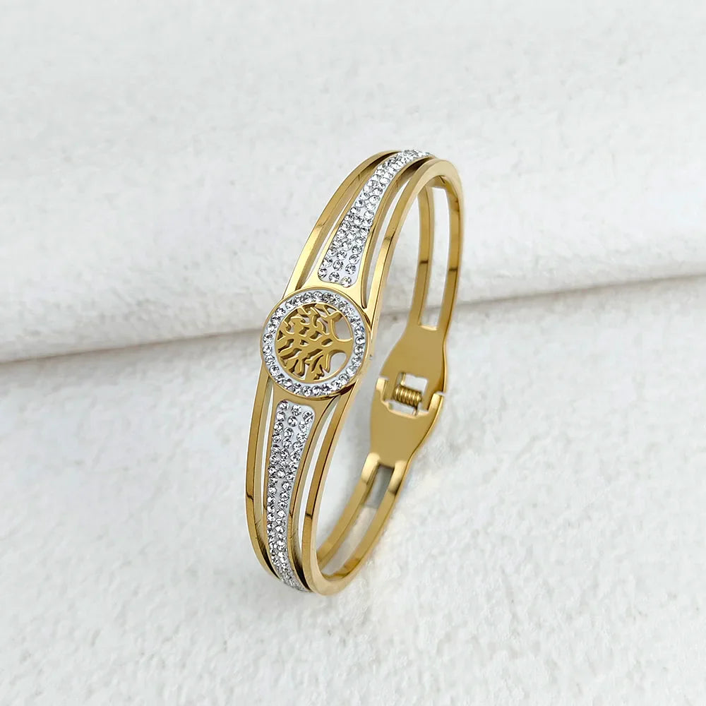 Luxury Stainless Steel Tree of Life Bangle for Women Men Crystal Zircon Bracelet Silver Gold Color Wrist Jewelry Accessories