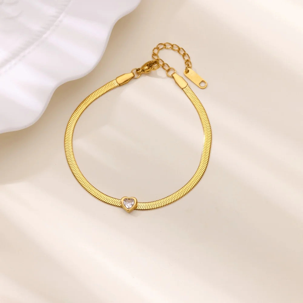 Zircon Birthstone Heart Bracelets For Women Gold Color Stainless Steel Heart Bracelet Wedding Birthday Luxury Jewelry Gift