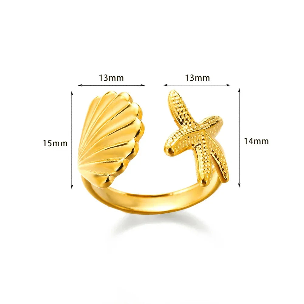 Vintage Shell Starfish Rings For Women Gold Color Stainless Steel Shell Ocean Openning Ring Wedding Summer Jewelry Gift