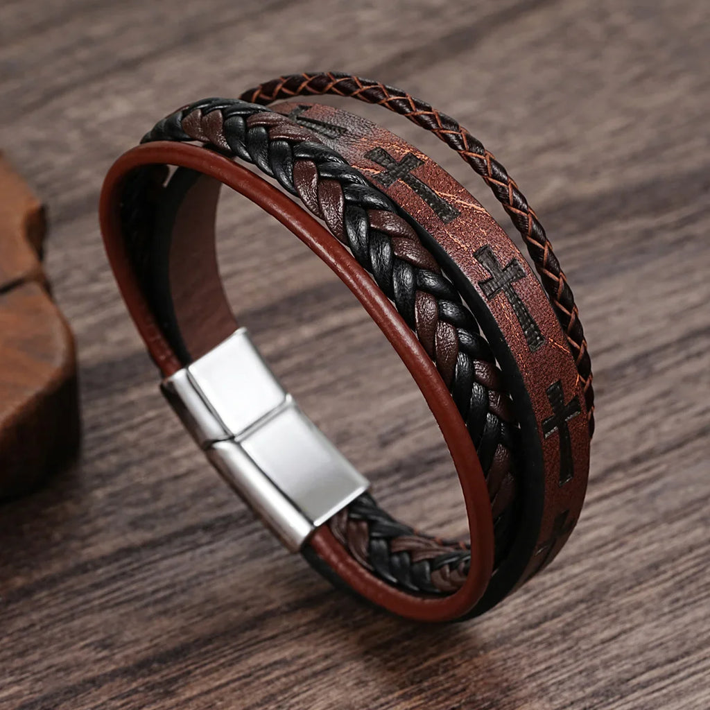 Fashion Cross Leather Rope Bracelet for Men Vintage Woven Leather Bracelet Punk Metal Magnet Buckle Personality Bracelet Jewelry