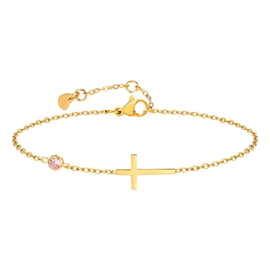 Birthstone Zirconia Thin Chain Link Cross Bracelet Stainless Steel Women's Adjustable Link Stacked Layered Chain Bracelets