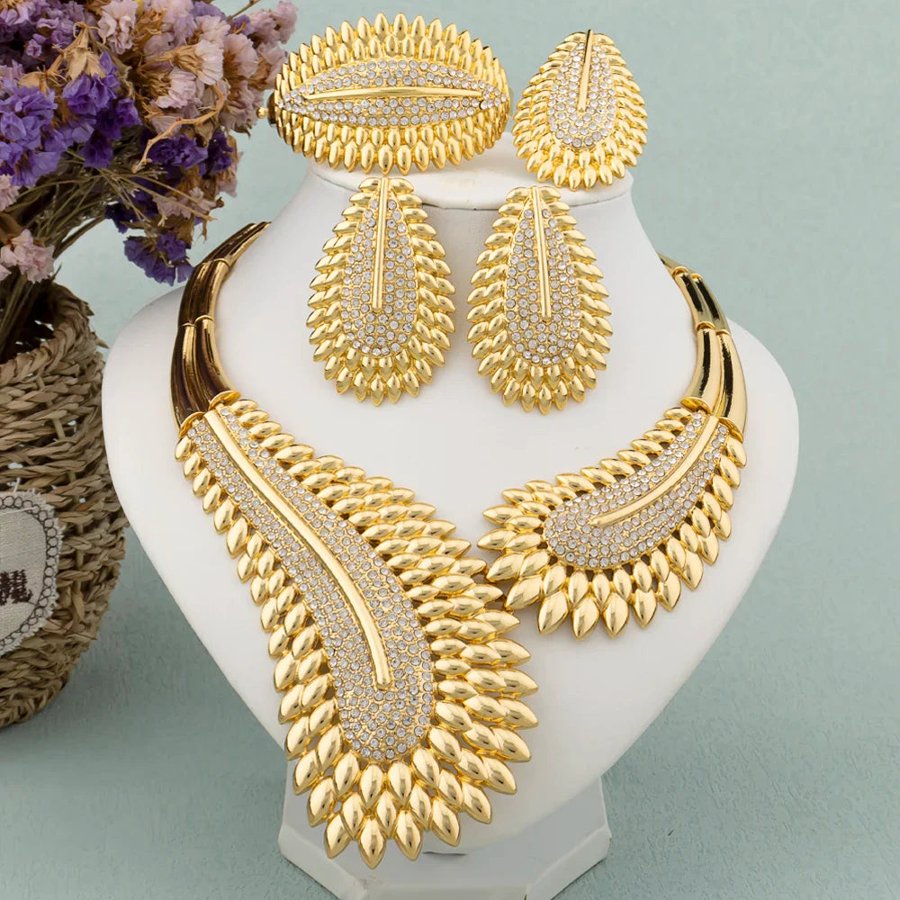 Trendy Colorful Jewelry Set for Women Zircon Collor Earrings and Necklace Large Gold Plated Bracelet Ring New Style Jewelry Gift