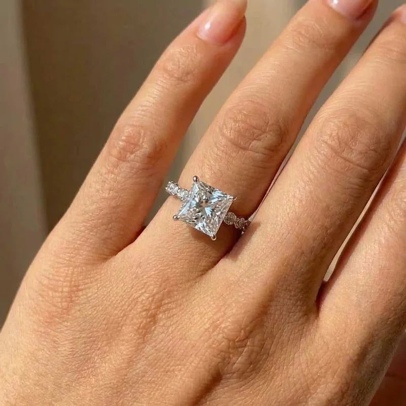 925 Sterling Silver Eternity Princess Square Cubic Zirconia Crystal Rings Women's Wedding Engagement Luxury Classic Lady Jewelry