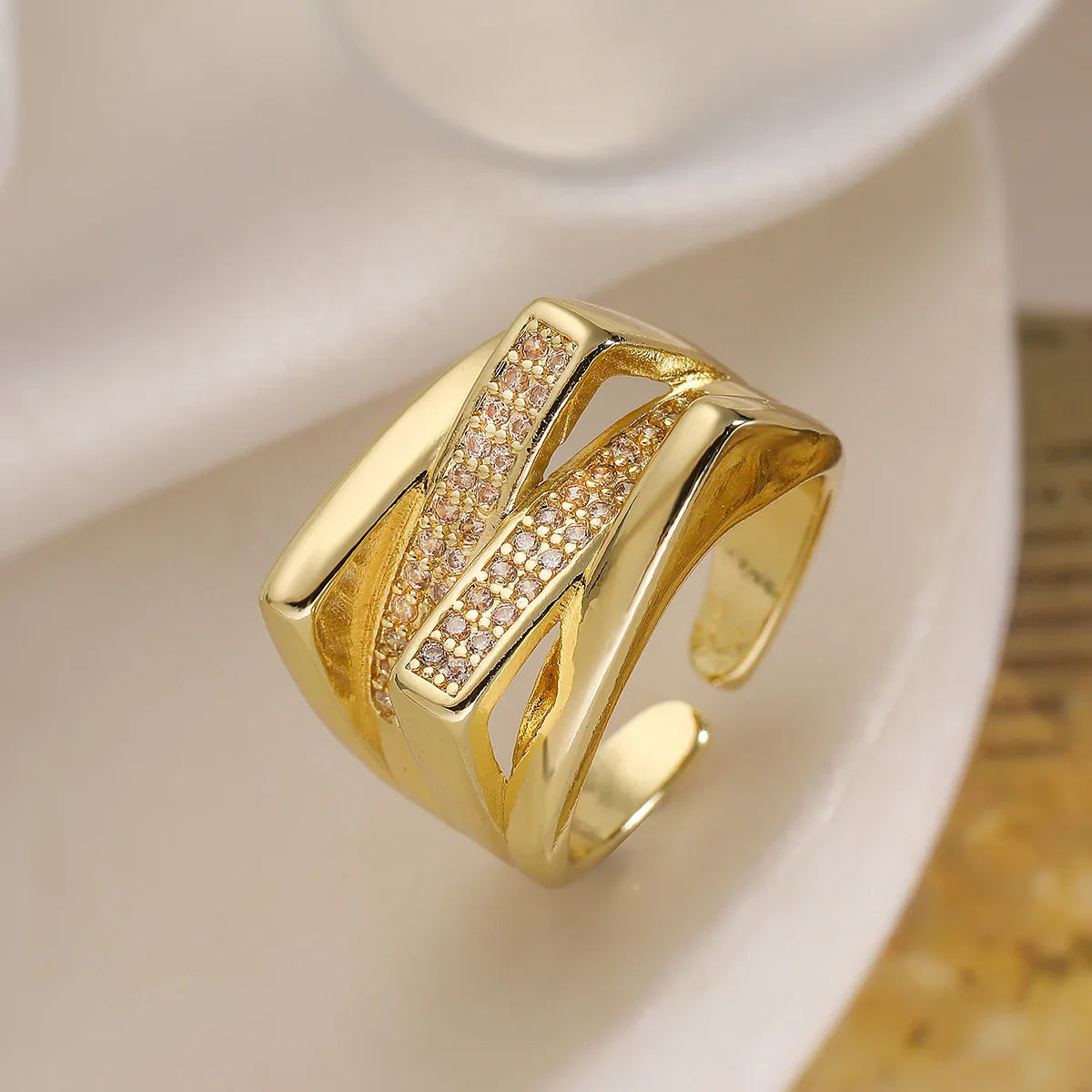 NEWBUY Luxury AAA Cubic Zirconia Inlay Copper Wedding Jewelry Gold Color Statement Geometric Shape Open Design Rings For Women