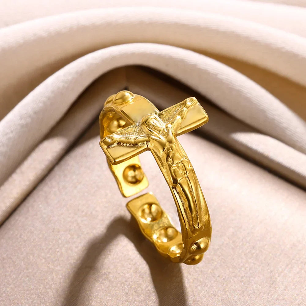Vintage Jesus Cross Rings For Women Men Gold Color Stainless Steel Jesus Cross Adjustable Ring Religious Party Jewelry Gift