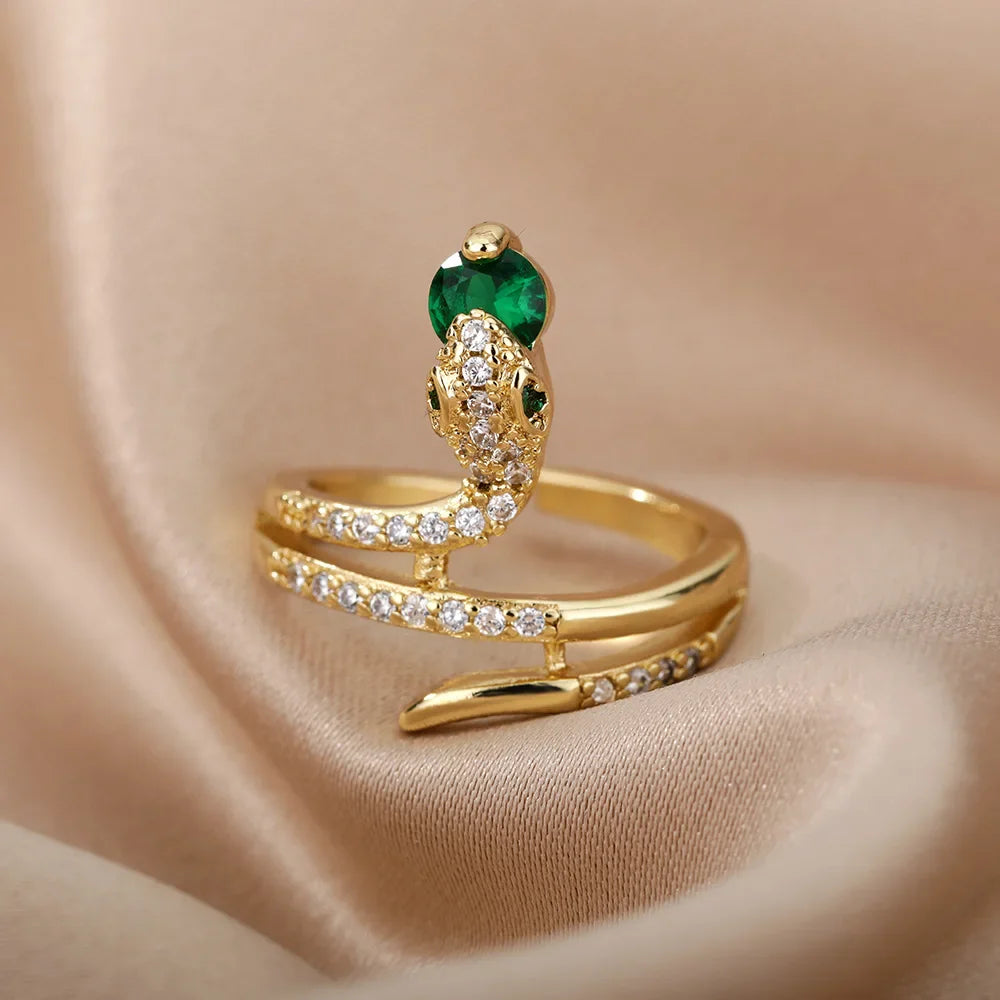 Stainless Steel Snake Rings For Women Men Gold Color Open Adjustable Zircon Ring Vintage Gothic Aesthetic Jewelry anillos mujer