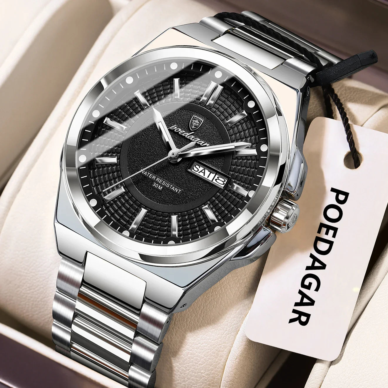 POEDAGAR Top Original Men's Watches Stainless Steel Waterproof Luminous Man Watch Date Week Classic Trendy Quartz Men Wristwatch