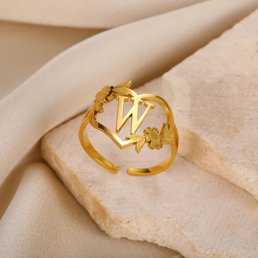 Stainless Steel Initials Letter Heart Rings for Women Girls Gold Color Flower Alphabet Ring Fashion Valentine's Day Jewelry Gift