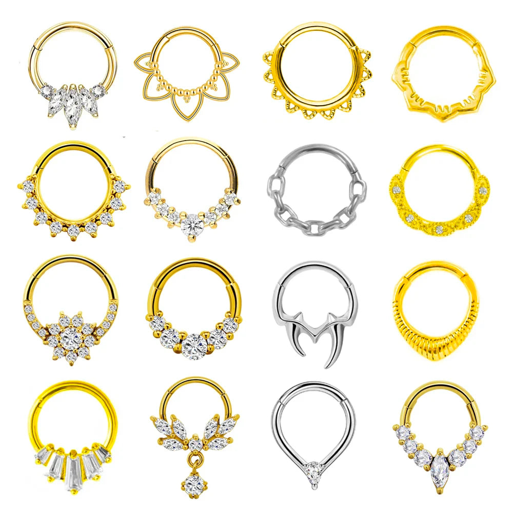 Flowers Nose Ring Septum 100% 316L Surgical Steel Zircon Clicker Daith Piercing Ear Cartilage Helix Hoop Flowers Water Drops