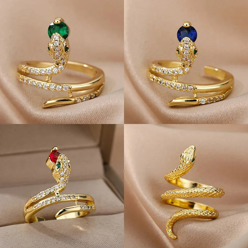 Stainless Steel Snake Rings For Women Men Gold Color Open Adjustable Zircon Ring Vintage Gothic Aesthetic Jewelry anillos mujer
