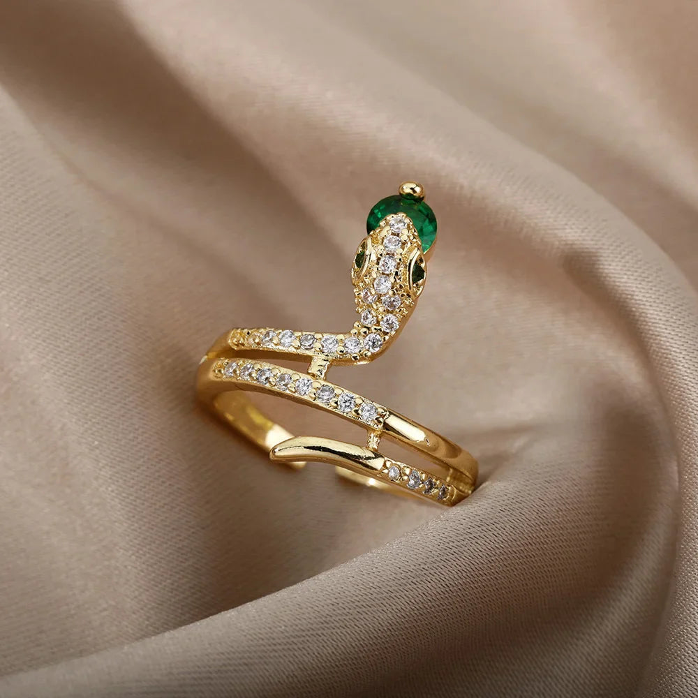 Stainless Steel Snake Rings For Women Men Gold Color Open Adjustable Zircon Ring Vintage Gothic Aesthetic Jewelry anillos mujer