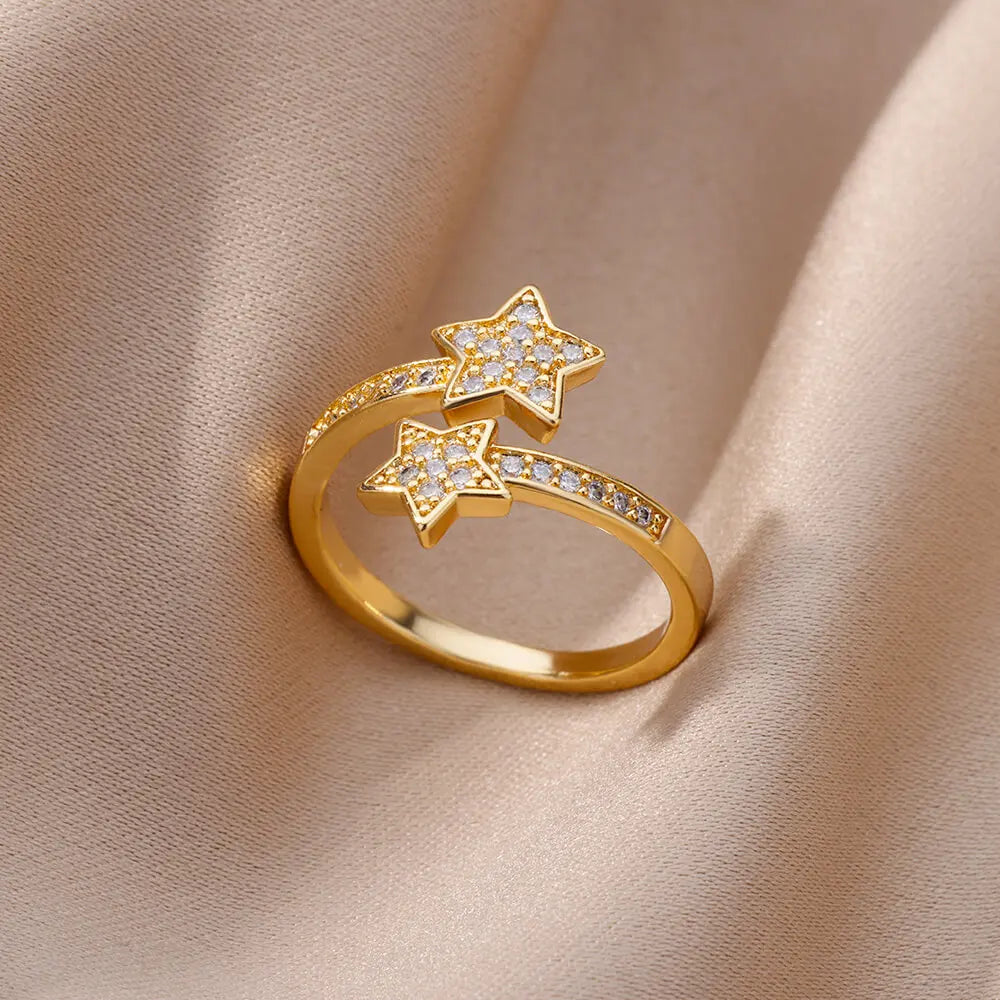 Zircon Chain Cross Rings For Women Vintage Gold Color Stainless Steel Geometric Open Ring Fashion Wedding Aesthetic Jewelry Gift