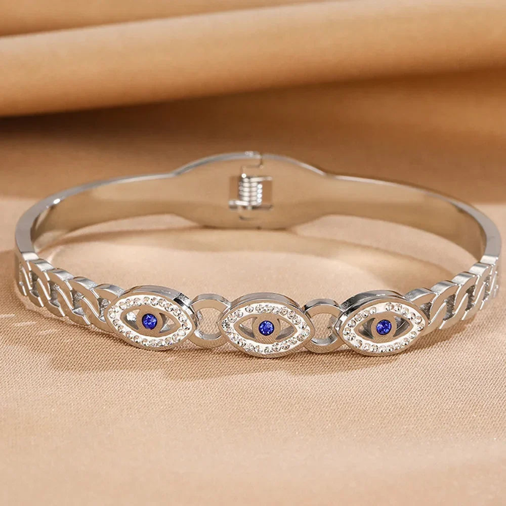 Fashion Stainless Steel Bracelet For Women Men Evil Eye Cuff Bangles Gold Plated Spring Buckle Lucky Amulet Jewelry Accessories