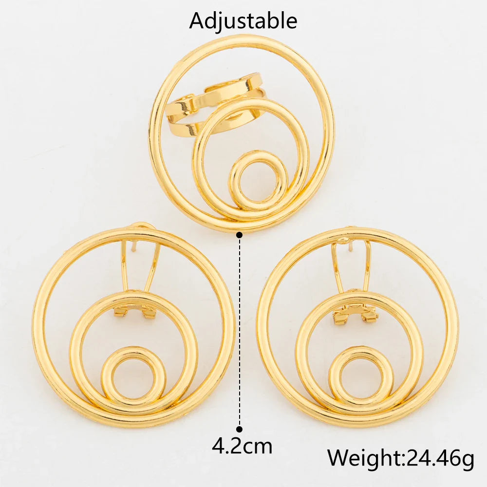 Trend Gold Color Earrings Jewelry Set for Women Hollow Design Clip Earrings with Finger Ring Daily Wear for Party Accessories