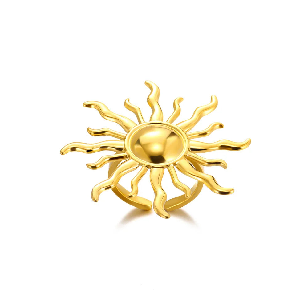 Exaggerated Sun Rings For Women Gold Color Stainless Steel Sun Adjustable Ring Fashion Anniversary Party Lucky Jewelry Gift