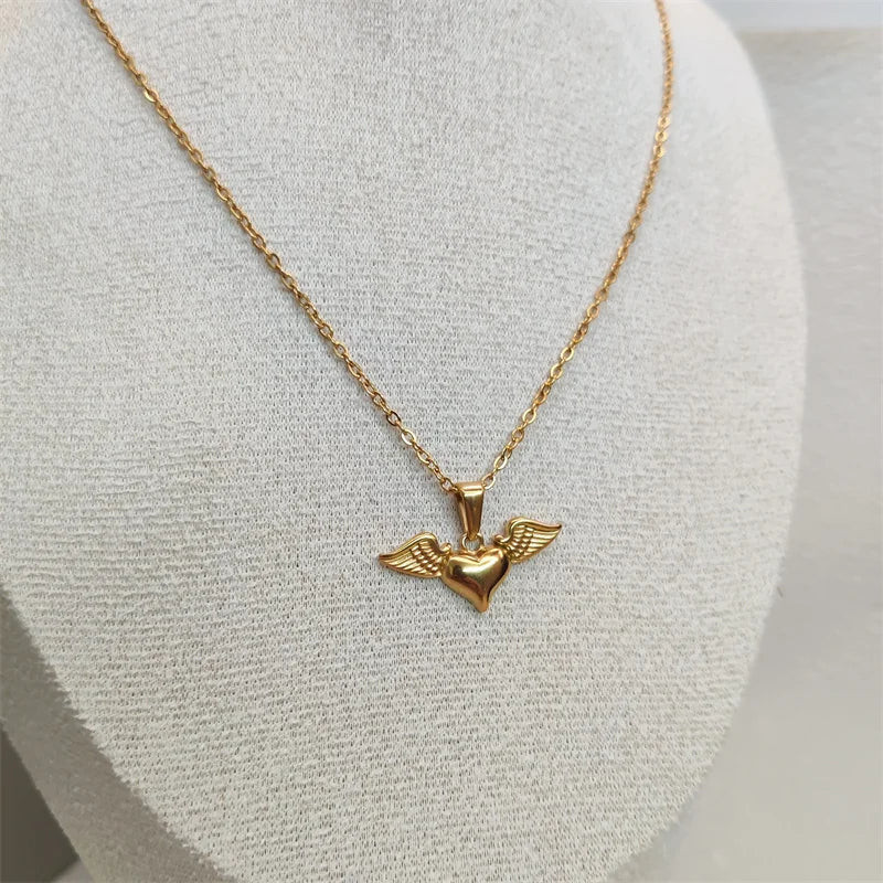 Angel's Wings Heart Rose Daisy 18k Gold Plated Stainless Steel Fashion Pendant Charm Necklaces For Women