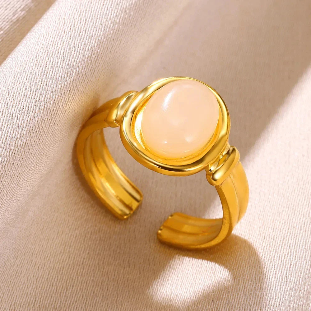 Vintage Oval Opal Rings For Women Gold Color Stainless Steel Adjustable Natural Stone Adjustable Ring Aesthetic Weeding Jewelry