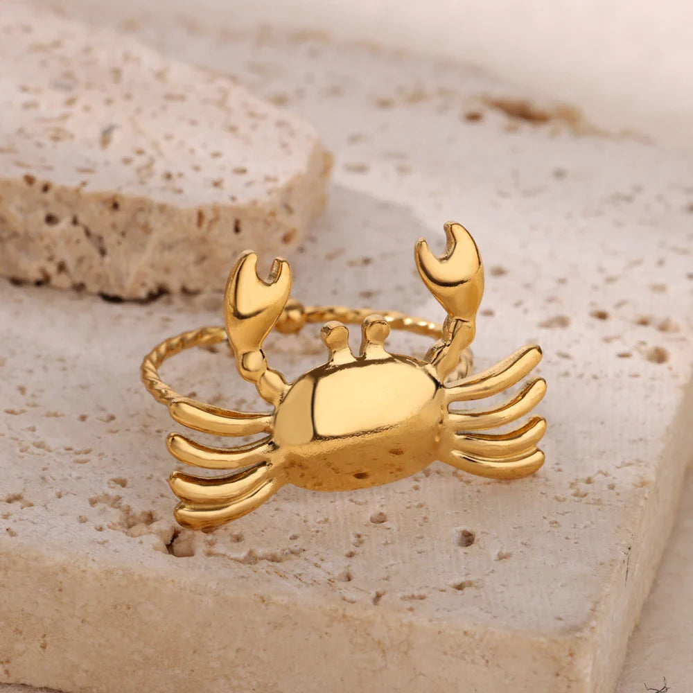 Stainless Steel Crab Rings for Women Gold Color Cute Animal Open Adjustable Ring Aesthetic Fashion Waterproof Jewelry Gift