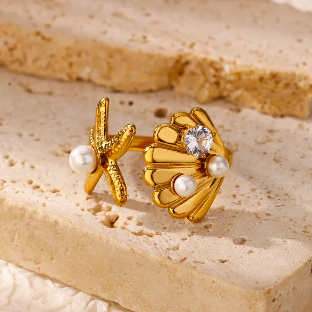 2025 Freshwater Anillos Stainless Steel Pearl Starfish Shell Rings For Women Punk Gold Color Vintage Waterproof Beach Jewelry