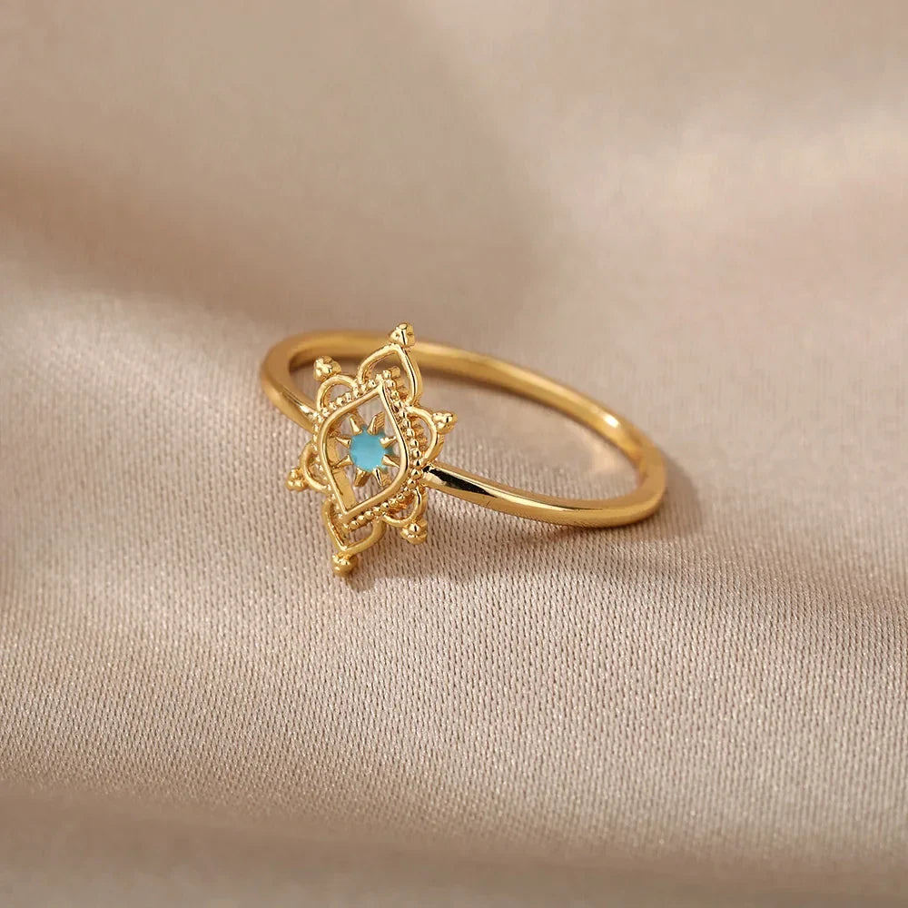 Stainless Steel Lotus Flower Ring for Women Gold Color Vintage Stone Opal Oval Flower Ring Fashion Aesthetic Jewelry Gift