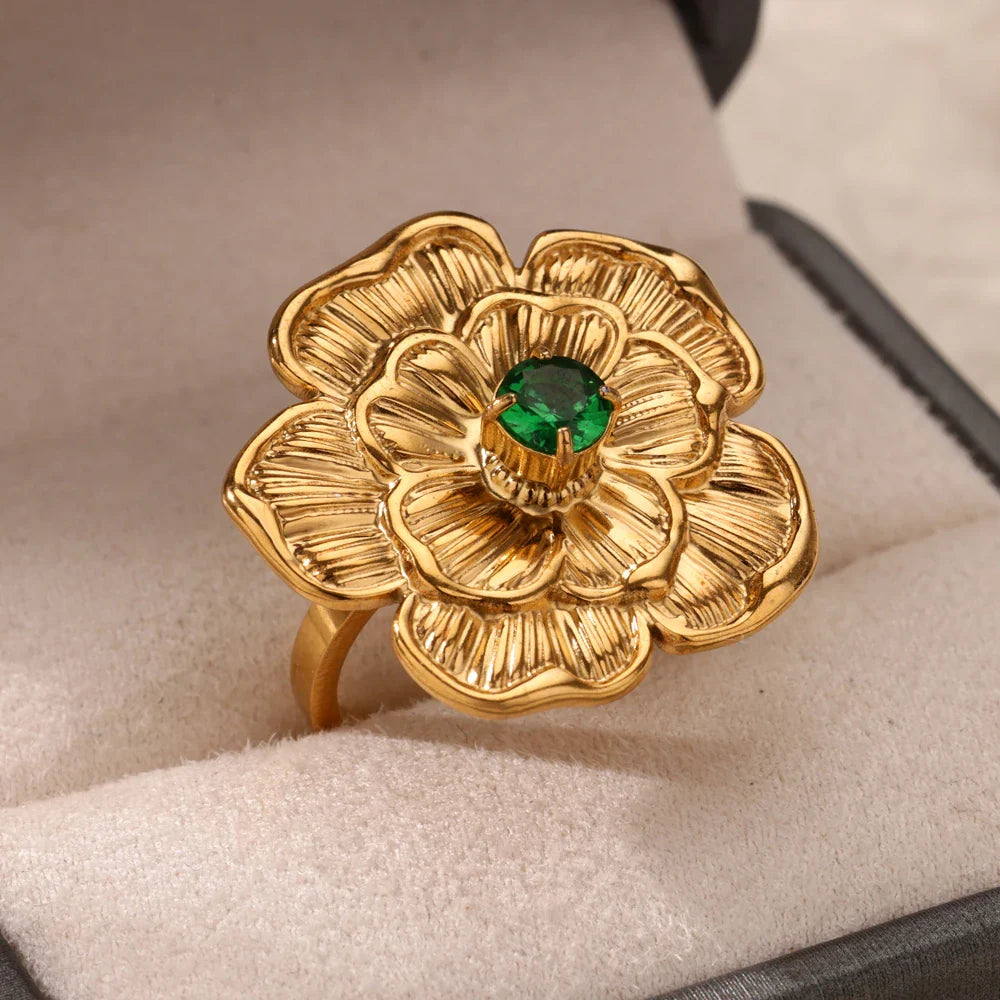 Green Cubic Zircon Heart Rings For Women Vintage Gold Color Stainless Steel Open Ring Fashion Aesthetic Jewelry Wedding Gift