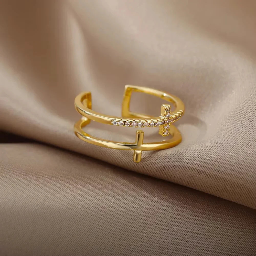 Luxury Zircon Geometric Rings For Women Stainless Steel Gold Color Open Ring Trendy Wedding Party Aesthetic Jewerly Gift Femme