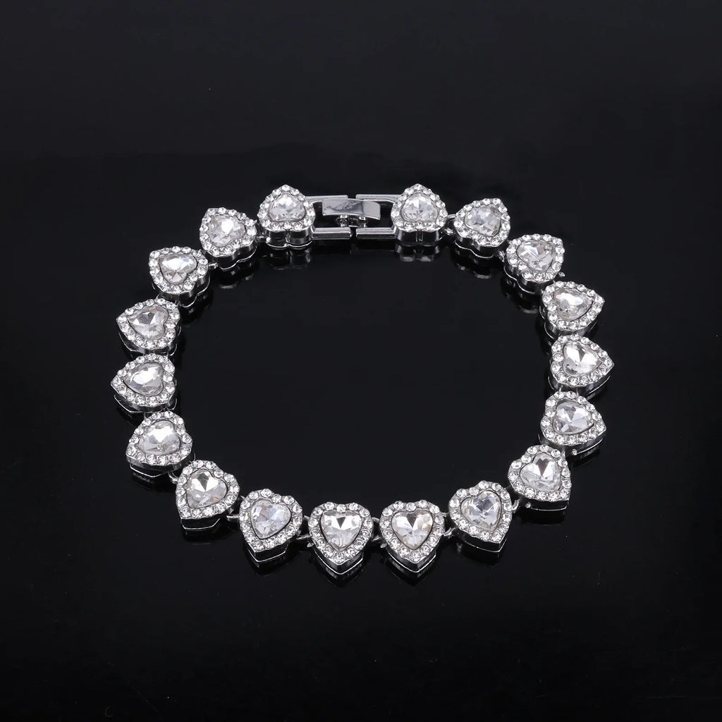 Yupsk 45CM/20CM Shiny Heart Rhinestone Hip Hop Rock Tennis Chain Bracelet Necklace for Women Men Trendy Jewelry Set Gift
