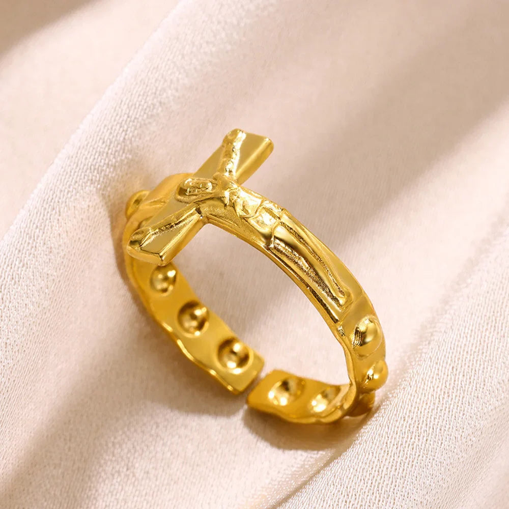 Vintage Jesus Cross Rings For Women Men Gold Color Stainless Steel Jesus Cross Adjustable Ring Religious Party Jewelry Gift