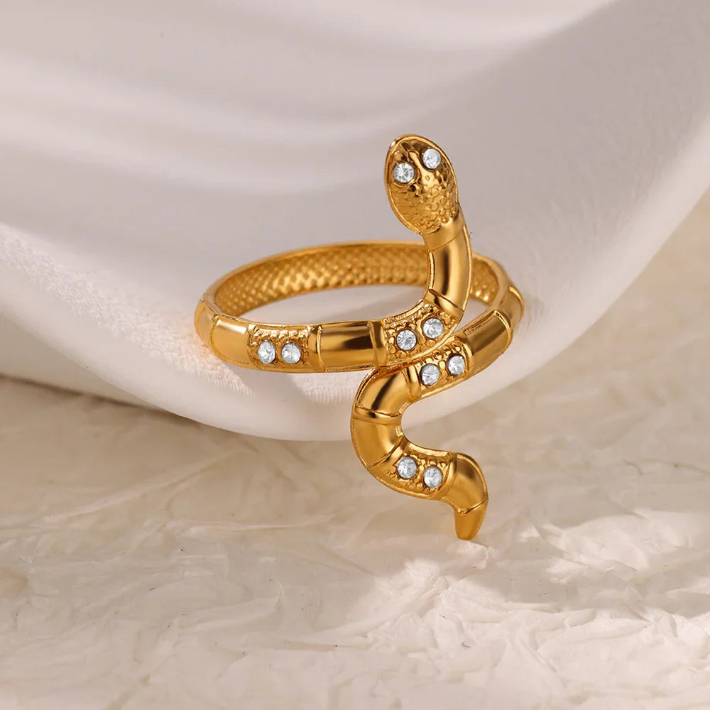Zircon Snake Rings For Women Men Stainless Steel Gold Color Open Adjustable Ring Vintage Gothic Aesthetic Jewelry anillos mujer