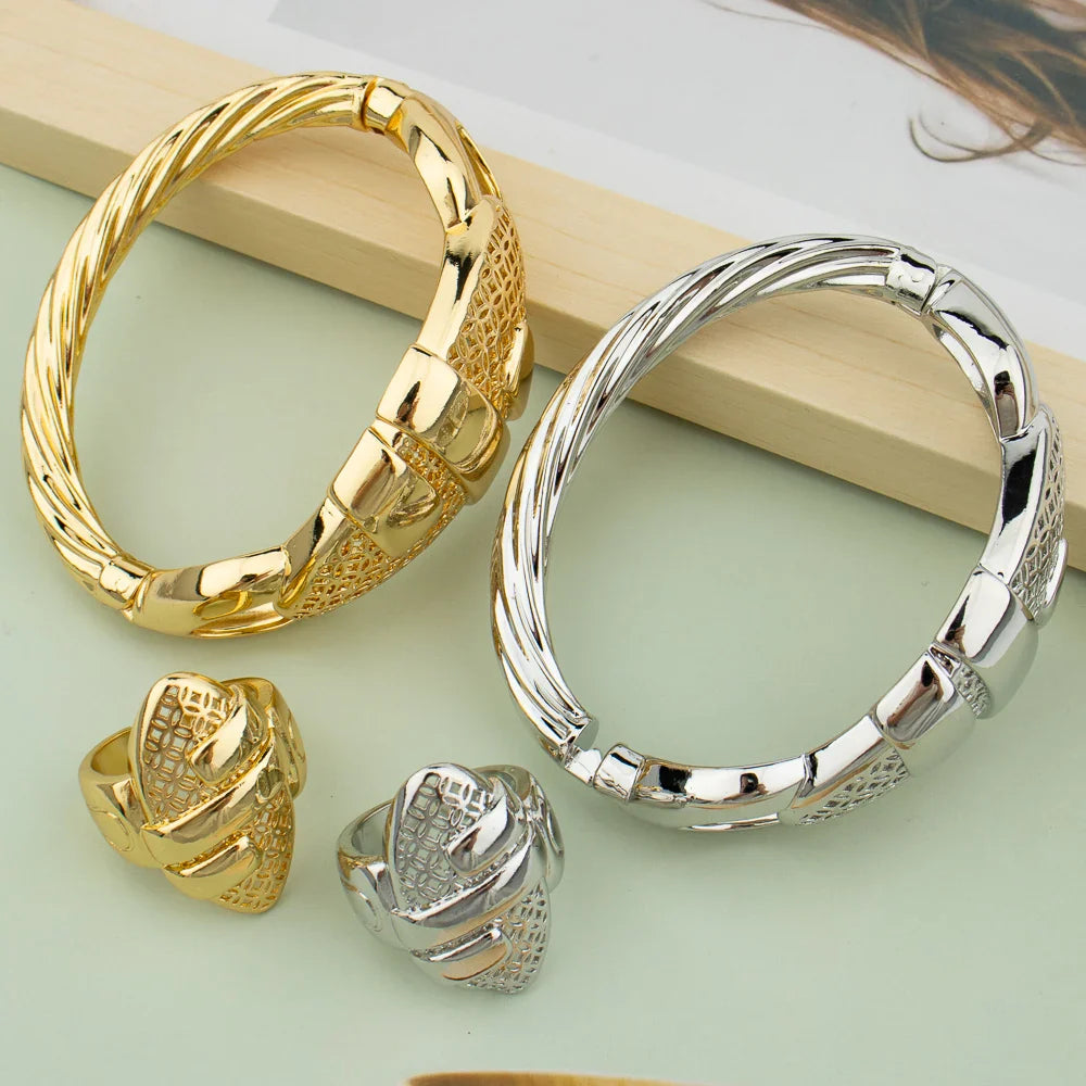 Cuff Bangle With Ring For Women 18K Gold Plated Bracelet Jewelry Nigerian Wedding Party Gift Dubai Hollow Out Design Bracelet