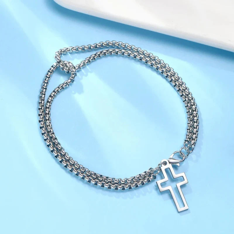 1pcs Bracelet Stainless Steel Thick Chain Cross Hollow Cross Pendant Double Bracelet Personality Niche High-grade Hand Jewelry