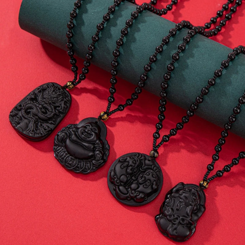 1Pcs Chinese Style Necklace Pendant Amulet Prayer Fortune Necklace Dragon Pixiu Happy Buddha Necklace Daily Jewelry