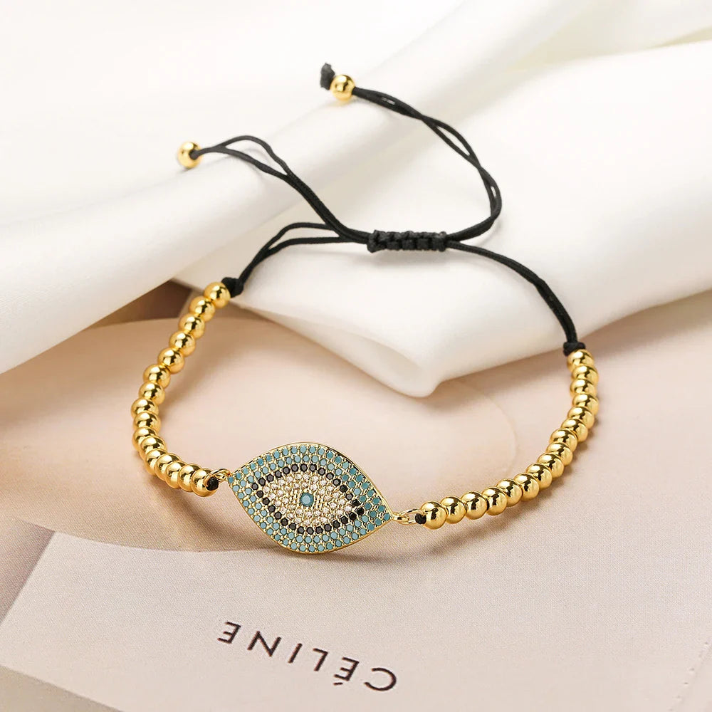 NEWBUY 2023 Fashion Hand Made Black Rope Beads Chain Bracelet Adjustable AAA CZ Zircon Evil Eye Charm Bracelets For Women Girl