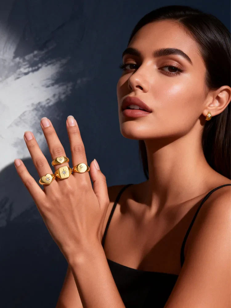 Stainless Steel Sunshine Signet Pinky Ring, Cubic Zirconia Inlay Ring Gold Plated, Non-Tarnish Fashion Jewelry