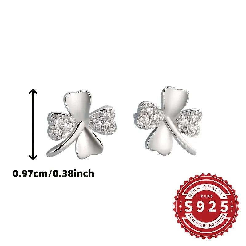 Pair of Women's Shiny Lucky Four-Leaf Petal Earrings 925 Silver Classic Simple Design Elegant Cute Versatile for Daily Wear Gift