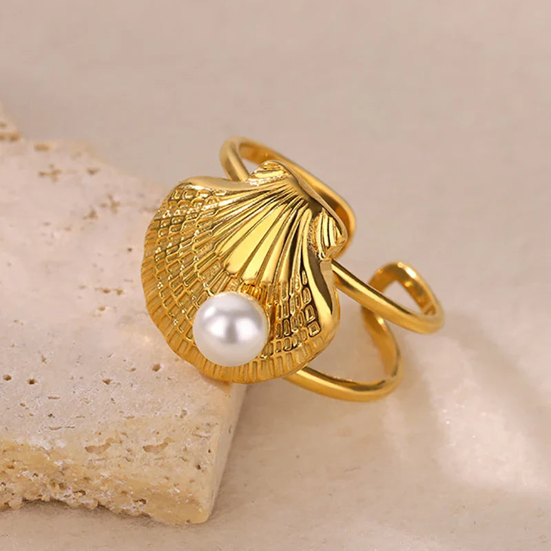 Stainless Steel Flower Rings for Women Gold Color Shell Starfish Multi Layer Hollow Out Ring Fashion Charm Jewelry Wedding Gifts