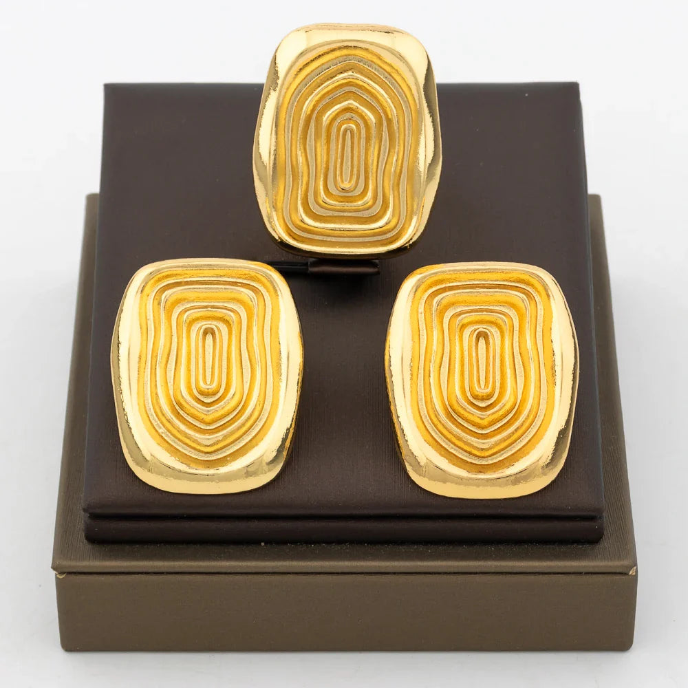 New Design Earrings Jewelry Set for Women Fashion 18k Gold Plated Copper Resizable Ring and Earrings for Dubai Retro Jewelry
