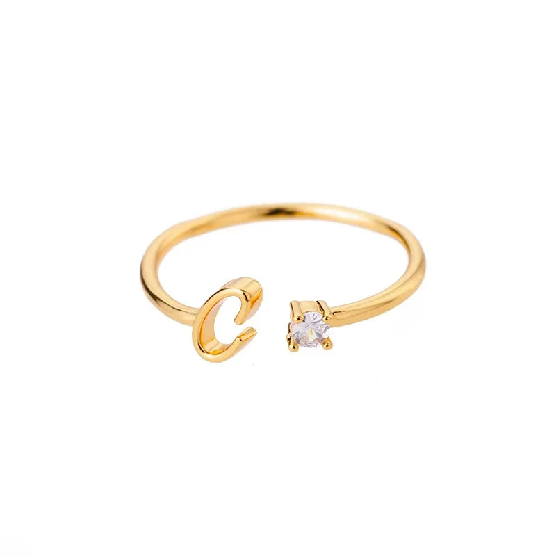 Zircon Initial Letter Ring for Women Stainless Steel Gold Color Alphabet Open Ring Trendy Wedding Birthday Aesthetic Jewelry