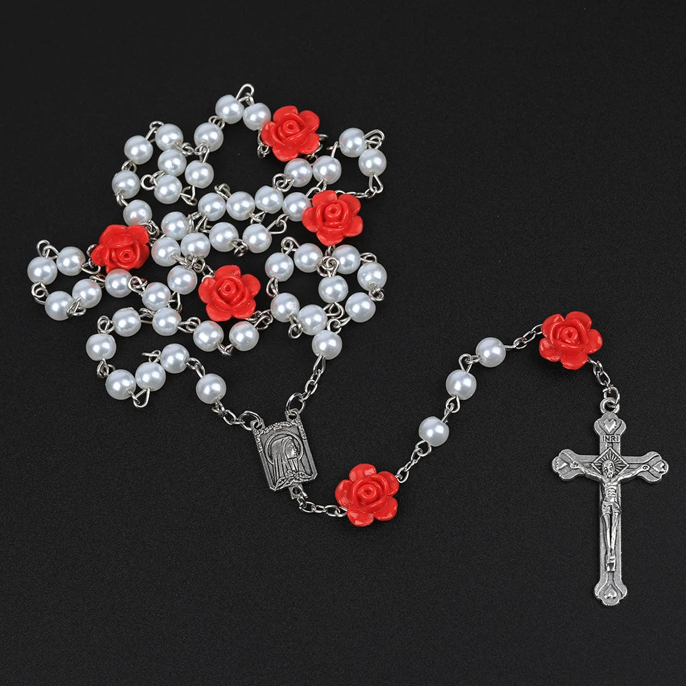 Catholic Rosary Beads Rosary Necklace Christian Praying 6MM Pearl Beads Long Y Chain Cross Pendant For Women Religiou Jewelry