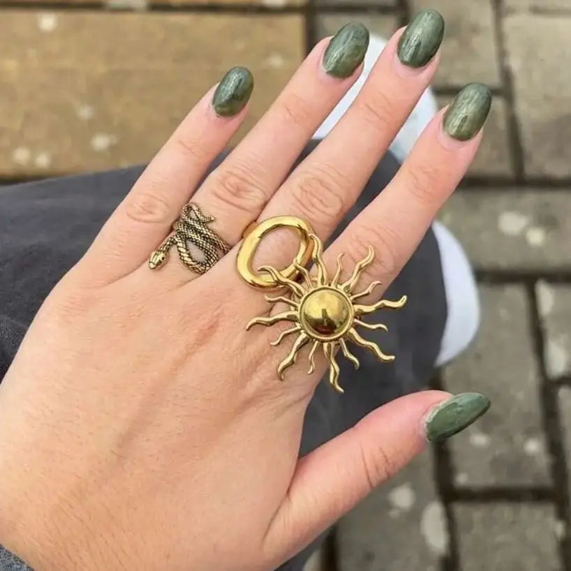 Exaggerated Sun Rings For Women Gold Color Stainless Steel Sun Adjustable Ring Fashion Anniversary Party Lucky Jewelry Gift