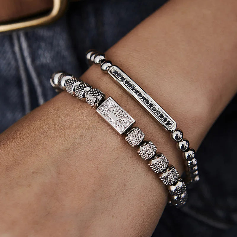 1set Stainless Steel Bracelet Pineapple Bead Crown with Zircon Weaving Adjustable Bracelet Set Trendy Fashion Accessories